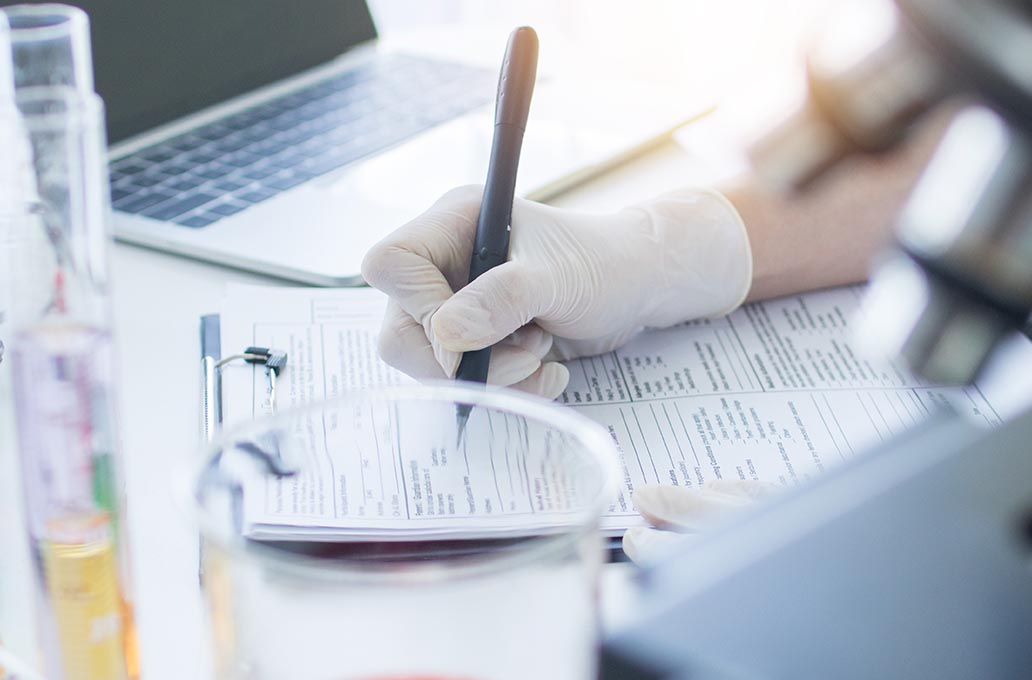 scientist searching and looking at microscope, doctor or researc